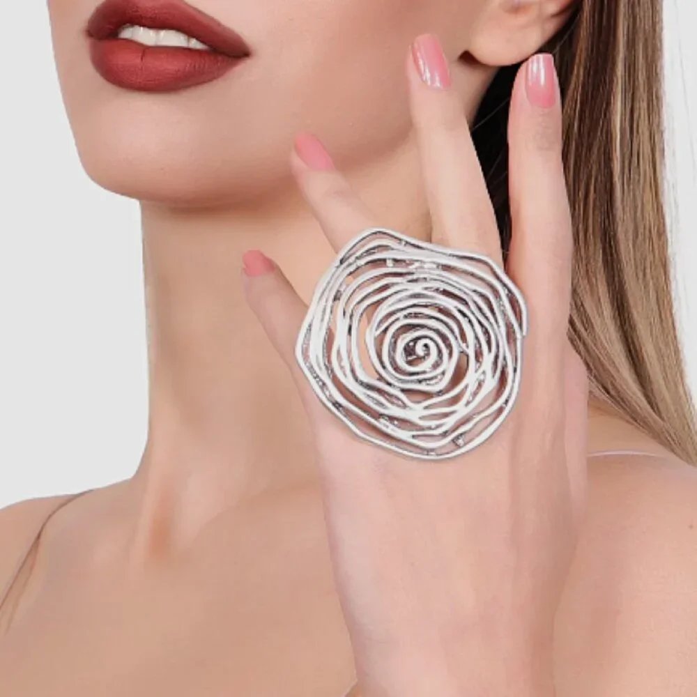 Oversized Brutalist Statement Ring – Adjustable Ring Size, Stylized Floral Rose - Picture 6 of 11
